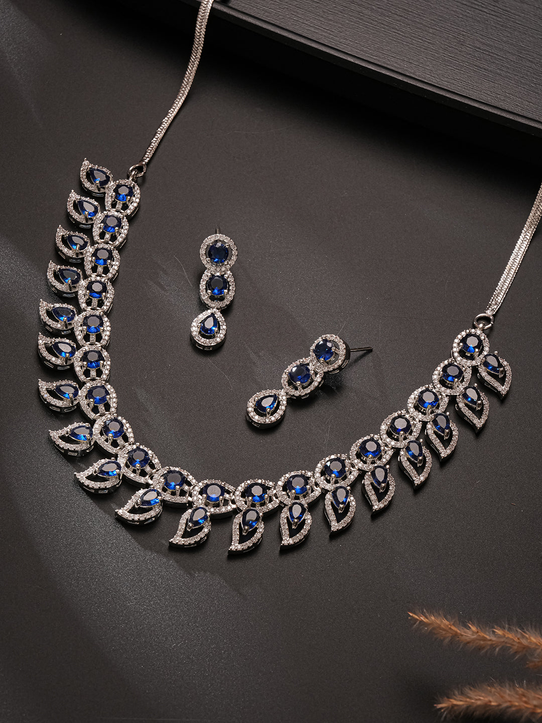 Silver Toned Zircon Emerald Blue AD Studded Mango Statement Necklace Jewellery Set